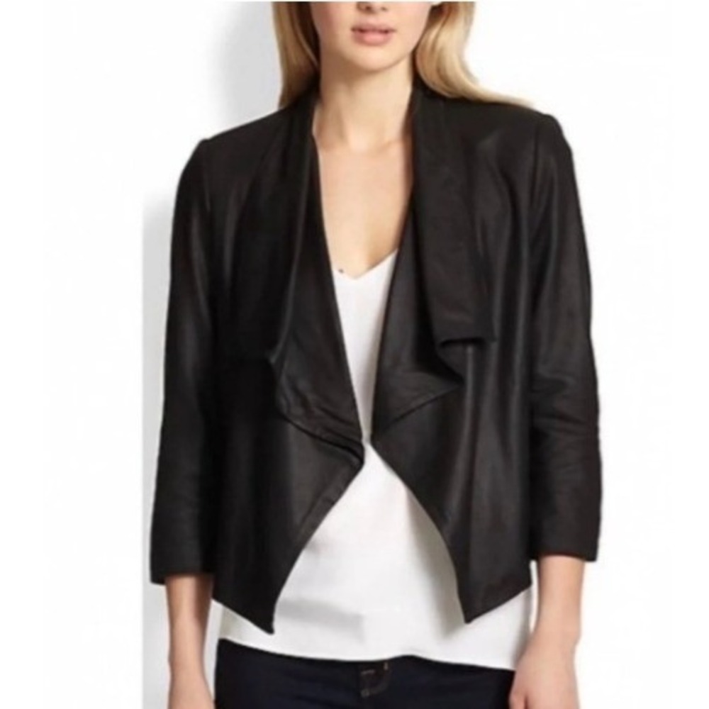 ALICE + OLIVIA Colton Draped Leather Open Front Zip Cuff Moto Jacket Black Sz XS